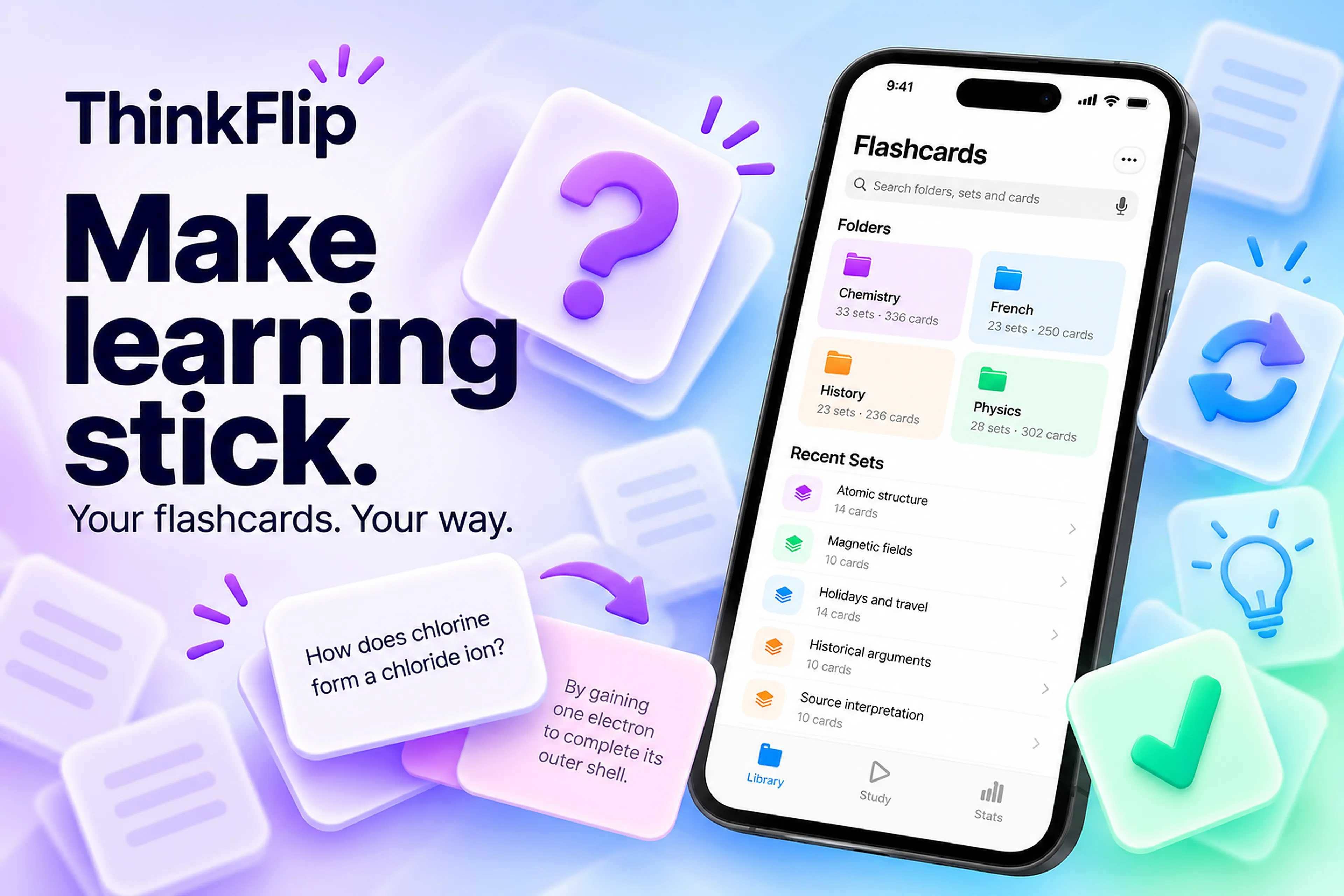 ThinkFlip artwork with an iPhone library and floating flashcard symbols